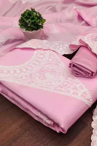 Women's pink heavy thread embroidery jalpari silk dress material