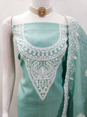 Women's sea green heavy thread embroidery jalpari silk dress material 5