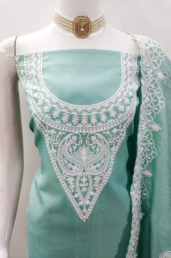 Women's sea green heavy thread embroidery jalpari silk dress material