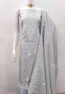 Women's grey heavy thread embroidery jalpari silk dress material 2