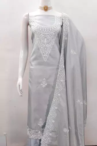 Women's grey heavy thread embroidery jalpari silk dress material