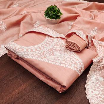 Women's peach heavy thread embroidery jalpari silk dress material 4