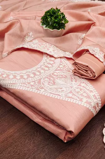 Women's peach heavy thread embroidery jalpari silk dress material