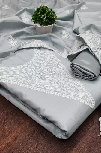 Women's grey heavy thread embroidery jalpari silk dress material