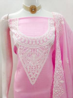 Women's pink heavy thread embroidery jalpari silk dress material 5