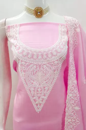 Women's pink heavy thread embroidery jalpari silk dress material