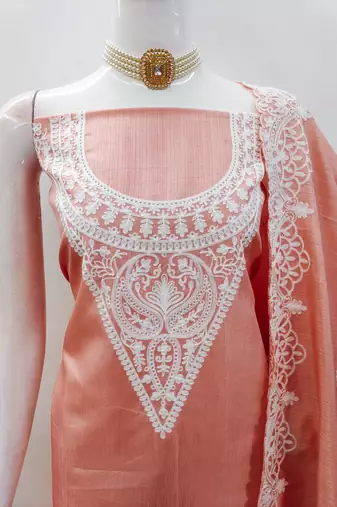 Women's peach heavy thread embroidery jalpari silk dress material