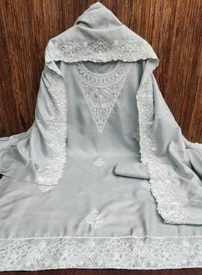 Women's grey heavy thread embroidery jalpari silk dress material 4