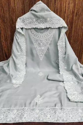 Women's grey heavy thread embroidery jalpari silk dress material