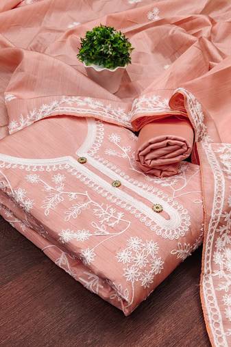 Women's peach unstitched heavy thread embroidery jalpari silk dress material 