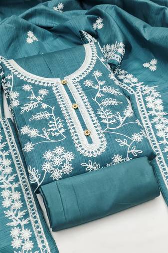 Women's sea green unstitched heavy thread embroidery jalpari silk dress material 