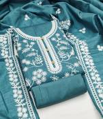 Women's sea green heavy thread embroidery jalpari silk dress material