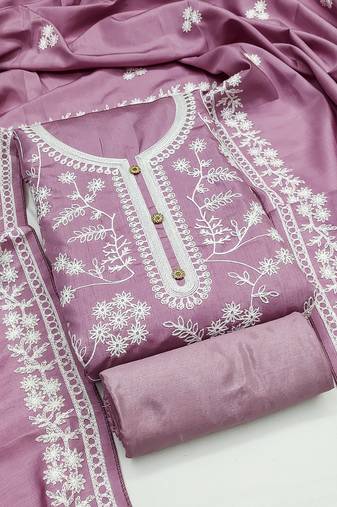 Women's purple unstitched heavy thread embroidery jalpari silk dress material 