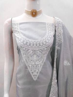 Women's grey heavy thread embroidery jalpari silk dress material 5