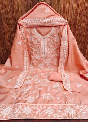 Women's peach heavy thread embroidery jalpari silk dress material 2