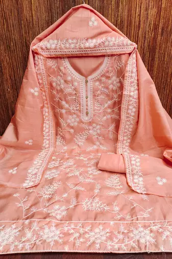 Women's peach heavy thread embroidery jalpari silk dress material