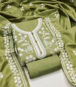 Women's green unstitched heavy thread embroidery jalpari silk dress material 