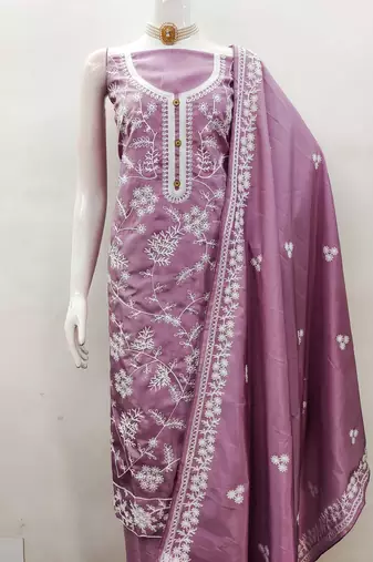 Women's purple heavy thread embroidery jalpari silk dress material