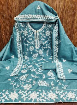 Women's sea green heavy thread embroidery jalpari silk dress material 2