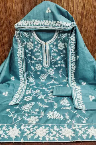 Women's sea green heavy thread embroidery jalpari silk dress material