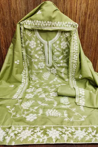 Women's green heavy thread embroidery jalpari silk dress material