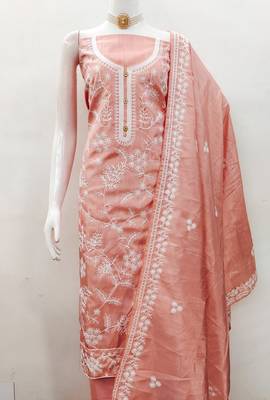Women's peach heavy thread embroidery jalpari silk dress material 3