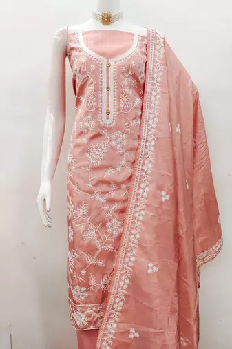 Women's peach heavy thread embroidery jalpari silk dress material