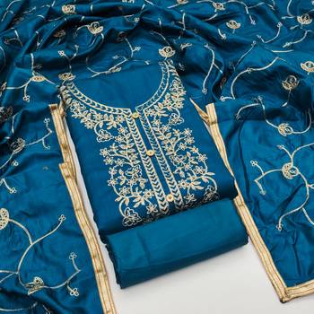 Women's teal blue heavy thread embroidery jalpari silk dress material 1