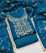 Women's teal blue heavy thread embroidery jalpari silk dress material