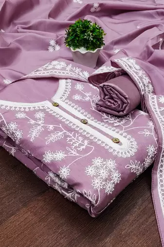 Women's purple heavy thread embroidery jalpari silk dress material