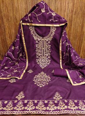 Women's voilet heavy thread embroidery jalpari silk dress material 2