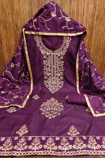 Women's voilet heavy thread embroidery jalpari silk dress material