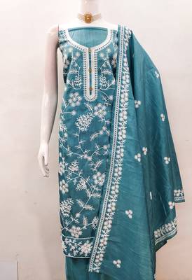 Women's sea green heavy thread embroidery jalpari silk dress material 3