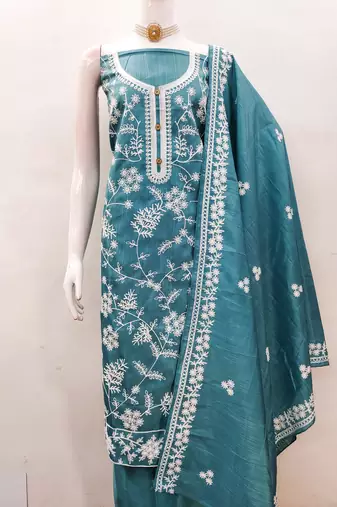 Women's sea green heavy thread embroidery jalpari silk dress material