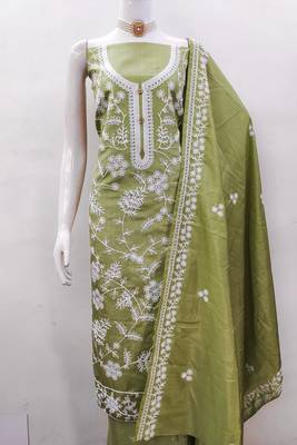 Women's green heavy thread embroidery jalpari silk dress material 3