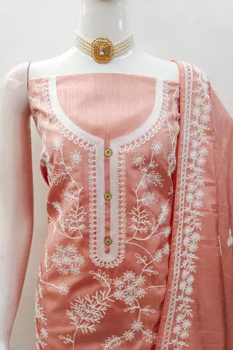 Women's peach heavy thread embroidery jalpari silk dress material