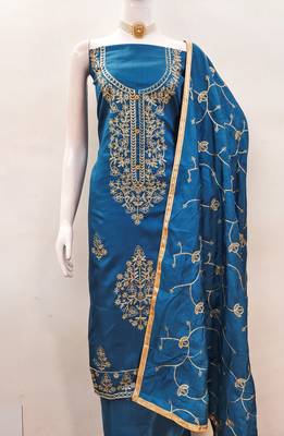 Women's teal blue heavy thread embroidery jalpari silk dress material 2