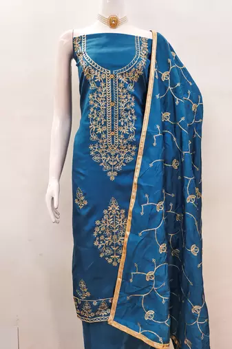 Women's teal blue heavy thread embroidery jalpari silk dress material