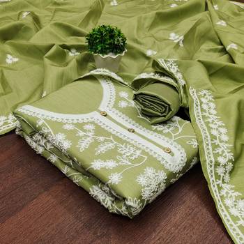 Women's green heavy thread embroidery jalpari silk dress material 4