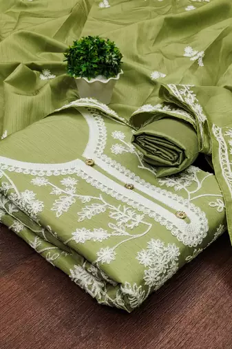 Women's green heavy thread embroidery jalpari silk dress material