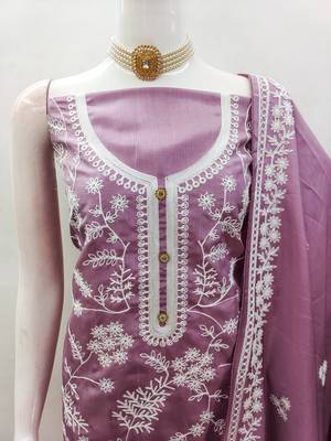 Women's purple heavy thread embroidery jalpari silk dress material 4