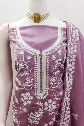 Women's purple heavy thread embroidery jalpari silk dress material