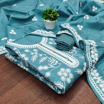 Women's sea green heavy thread embroidery jalpari silk dress material 4
