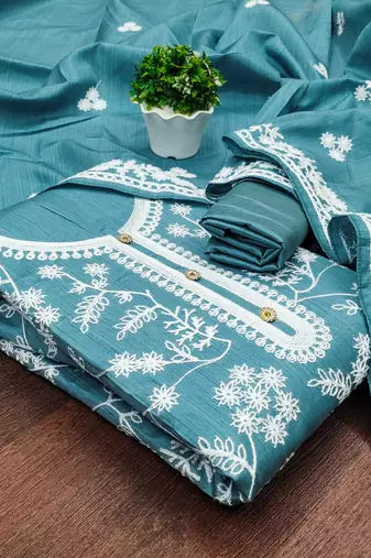 Women's sea green heavy thread embroidery jalpari silk dress material
