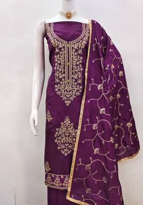 Women's voilet heavy thread embroidery jalpari silk dress material 3