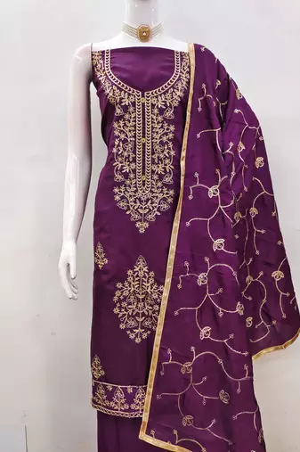 Women's voilet heavy thread embroidery jalpari silk dress material