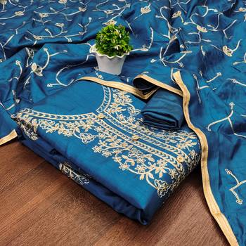Women's teal blue heavy thread embroidery jalpari silk dress material 3