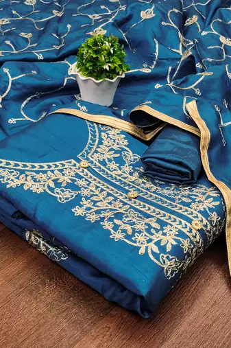 Women's teal blue heavy thread embroidery jalpari silk dress material