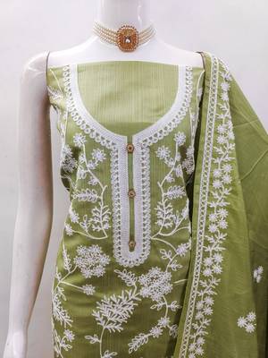 Women's green heavy thread embroidery jalpari silk dress material 5