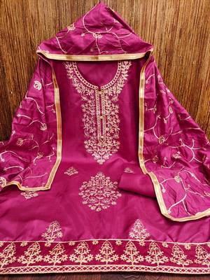 Women's pink heavy thread embroidery jalpari silk dress material 2